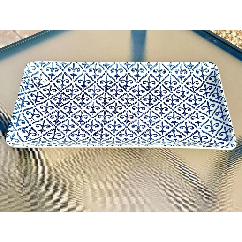 Sur la Table Fleur de Lis Rectangular Cobalt Blue & White Serving Platter Tray